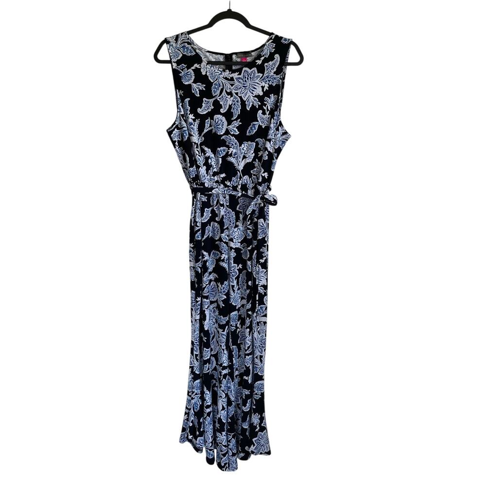 Vince Camuto Floral Jumpsuit Sz L Blue Black Tie Waist Flare Ruffle Leg Feminine